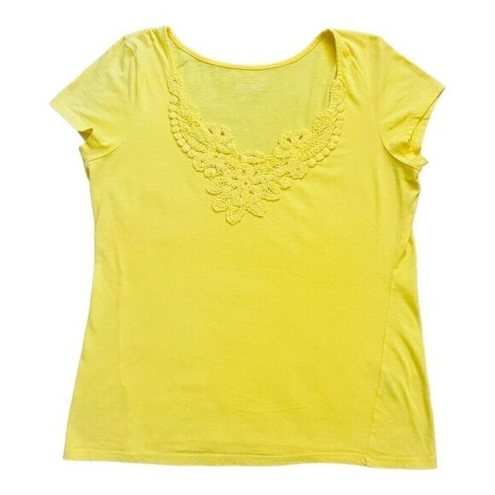 Willi Smith yellow crochet neckline shirt/top short sleeves 100% cotton Women M